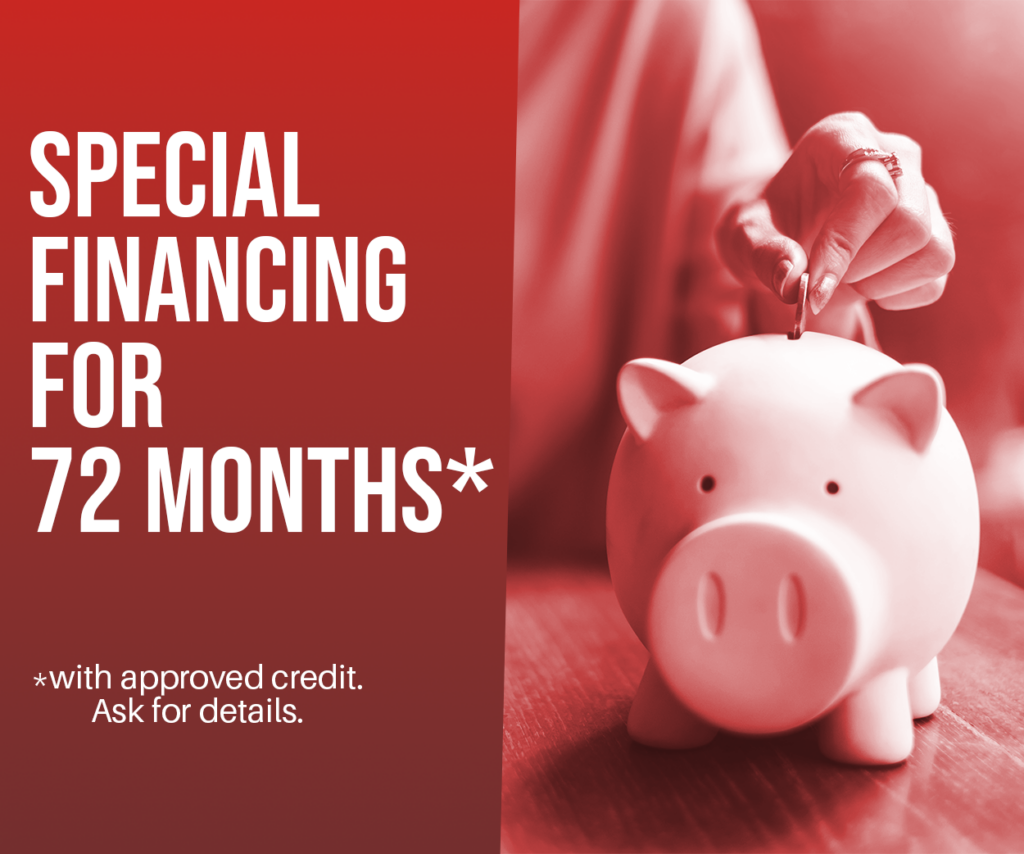 Red-tinted graphic featuring a hand placing a coin into a piggy bank with text reading 'Special Financing for 72 Months with Approved Credit' – Mann Plumbing & Heating, LLC.