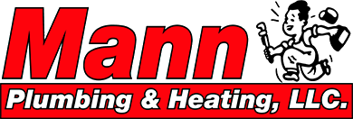 Mann Plumbing & Heating, LLC logo featuring a red text logo with a cartoon character holding plumbing tools.