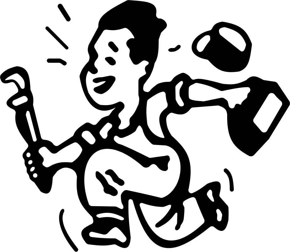 Mann Plumbing & Heating cartoon technician logo featuring a smiling character holding plumbing tools